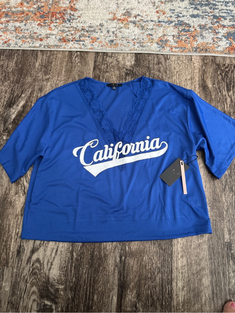 iris Blue V-Neck 'California' Lace-Trim Short Sleeve Tee